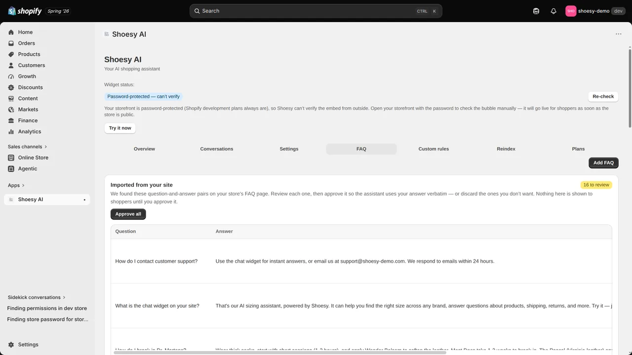 The Shoesy dashboard FAQ tab showing question-and-answer pairs imported from the store's own FAQ page, each awaiting merchant approval.