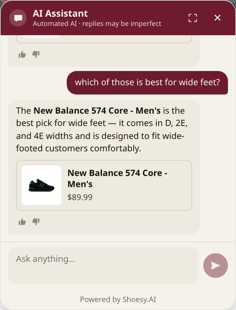 A follow-up chat turn: asked which shoe is best for wide feet, the assistant recommends the New Balance 574 Core and notes it comes in D, 2E, and 4E widths.