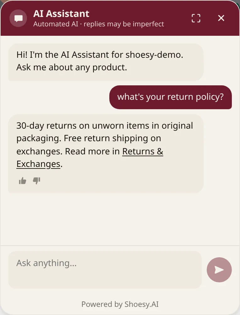 Chat panel showing the assistant quoting the store's 30-day return policy with a link to read more.