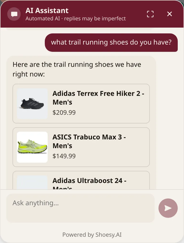 The AI Assistant listing three trail-ready shoes with names and prices as product cards inside the chat panel.