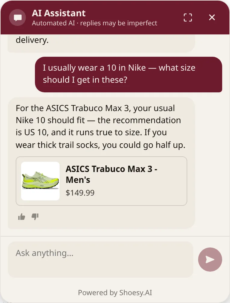 Chat panel showing the assistant recommending US 10 for a shopper who wears a Nike 10, noting the shoe runs true to size.